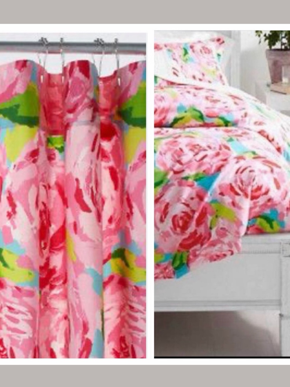 Lilly Pulitzer Hotty Pink First Impressions shower curtain, twin duvet and sham